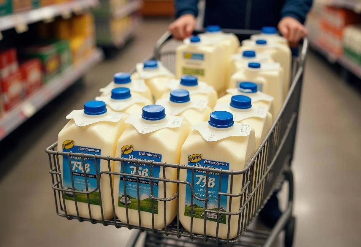 Einkaufswagen mit Milch im Angebot, bereit zur Kasse im Supermarkt.