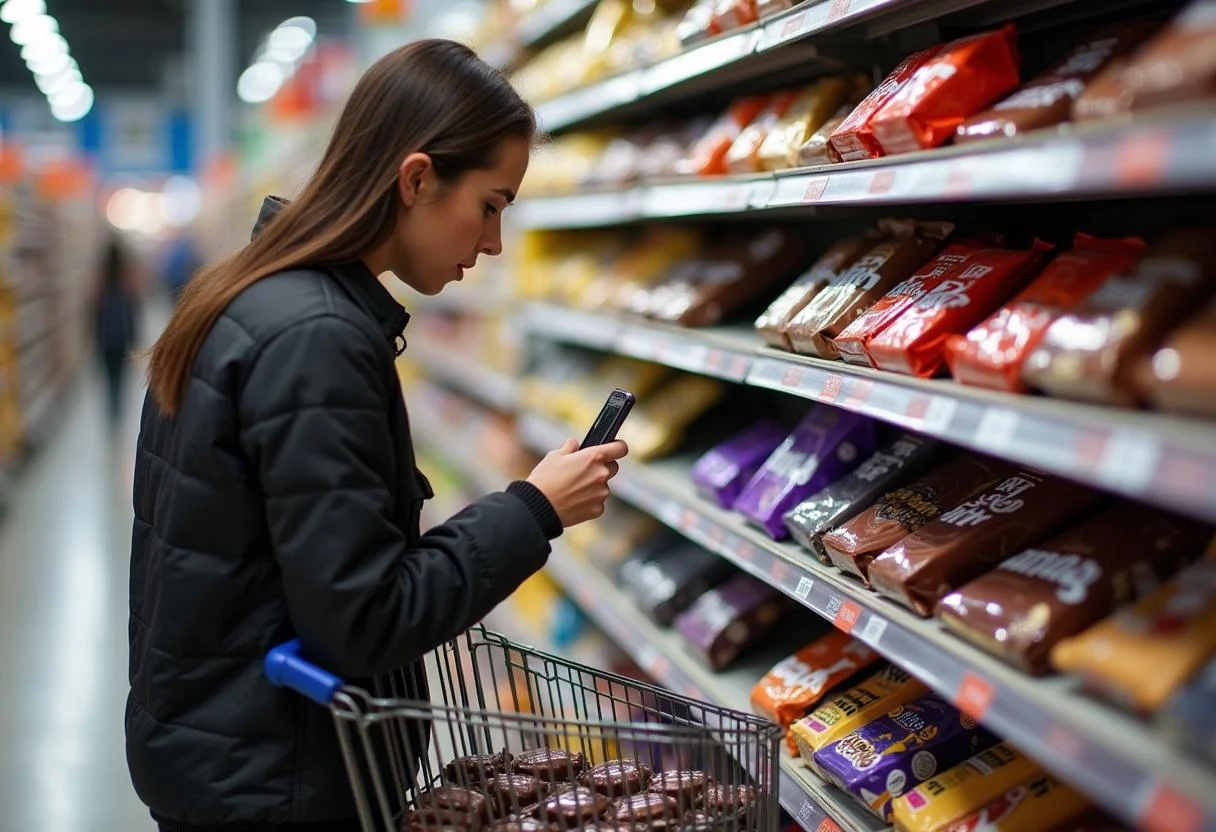 Käufer betrachtet Schokolade Angebote im Supermarkt, einschließlich Milka Schokolade im Angebot.