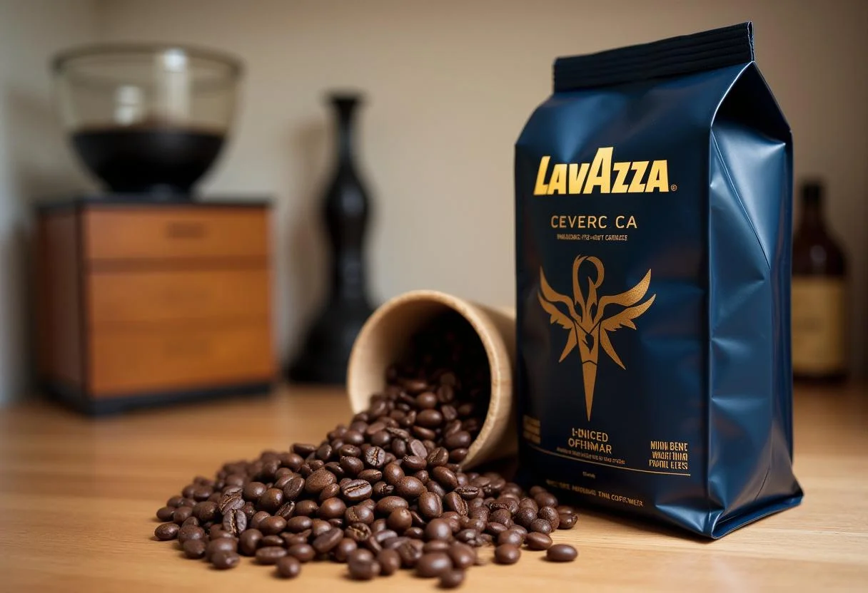 Lavazza Kaffee Angebote diese Woche mit offenen Bohnen auf der Küchentheke.