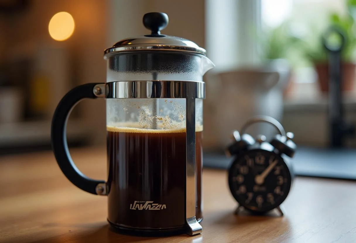 Frisch gemahlene Lavazza Kaffeebohnen im französischen Pressensystem für perfekten Kaffee.