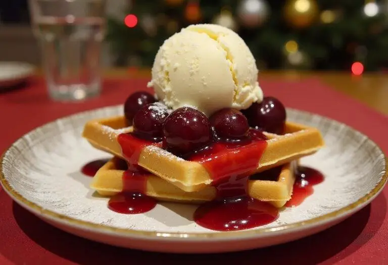 Vollendetes Dessert mit Waffeln und heißen Kirschen, ideal für besondere Anlässe.