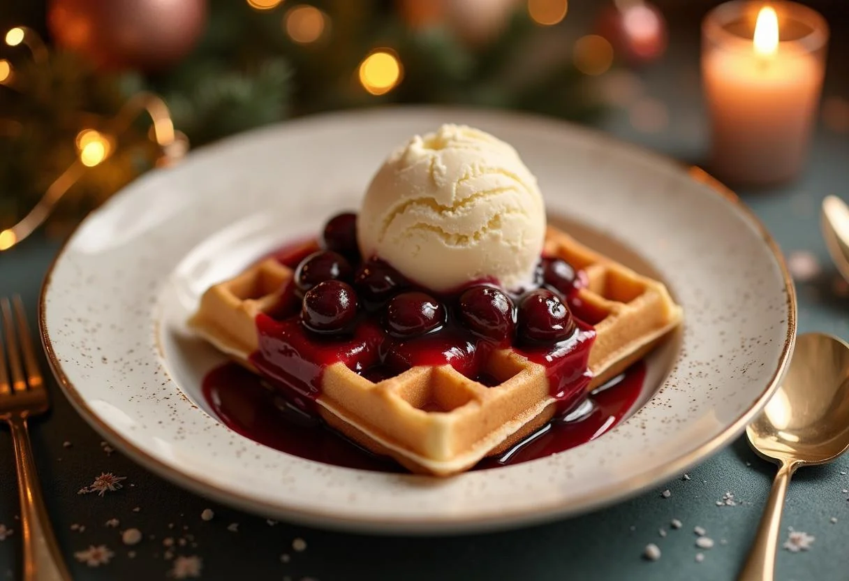 Vollendetes Dessert mit Waffeln und heißen Kirschen, ideal für besondere Anlässe.