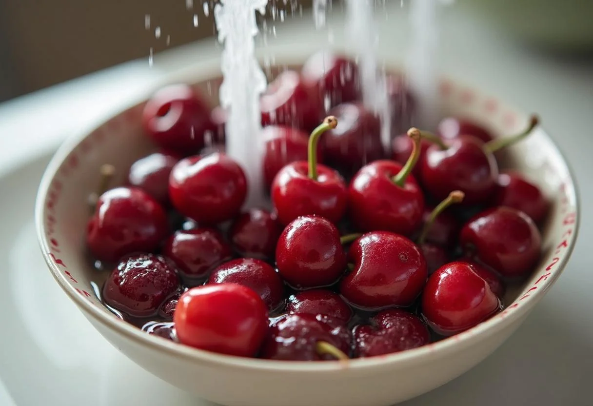 Frische Kirschen werden gewaschen für heiße Kirschen zu Waffeln.