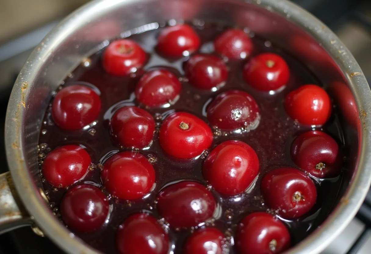 Kirschen mit Zucker und Wasser in einem Topf für heiße Kirschen Rezept.