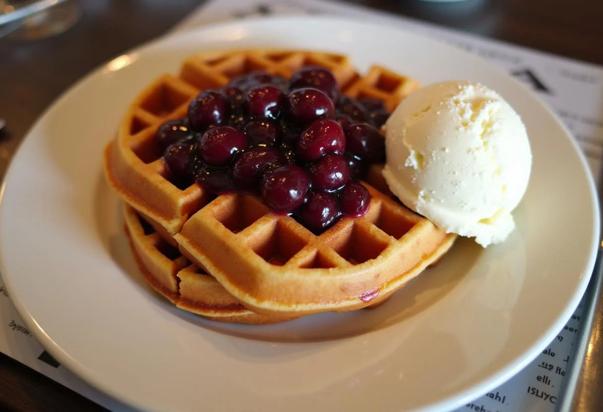 Waffeln mit heißen Kirschen und Vanilleeis, perfekte Kombination für ein klassisches Dessert.