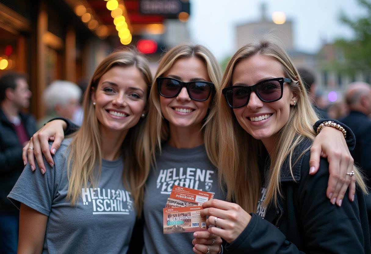 Fans mit Helene Fischer Merchandise und Tickets vor dem Konzert 2025.