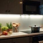 Vollständig installierte led unterbauleuchte für küche beleuchtet die Arbeitsfläche, perfekt für das Kochen und die Vorbereitung.