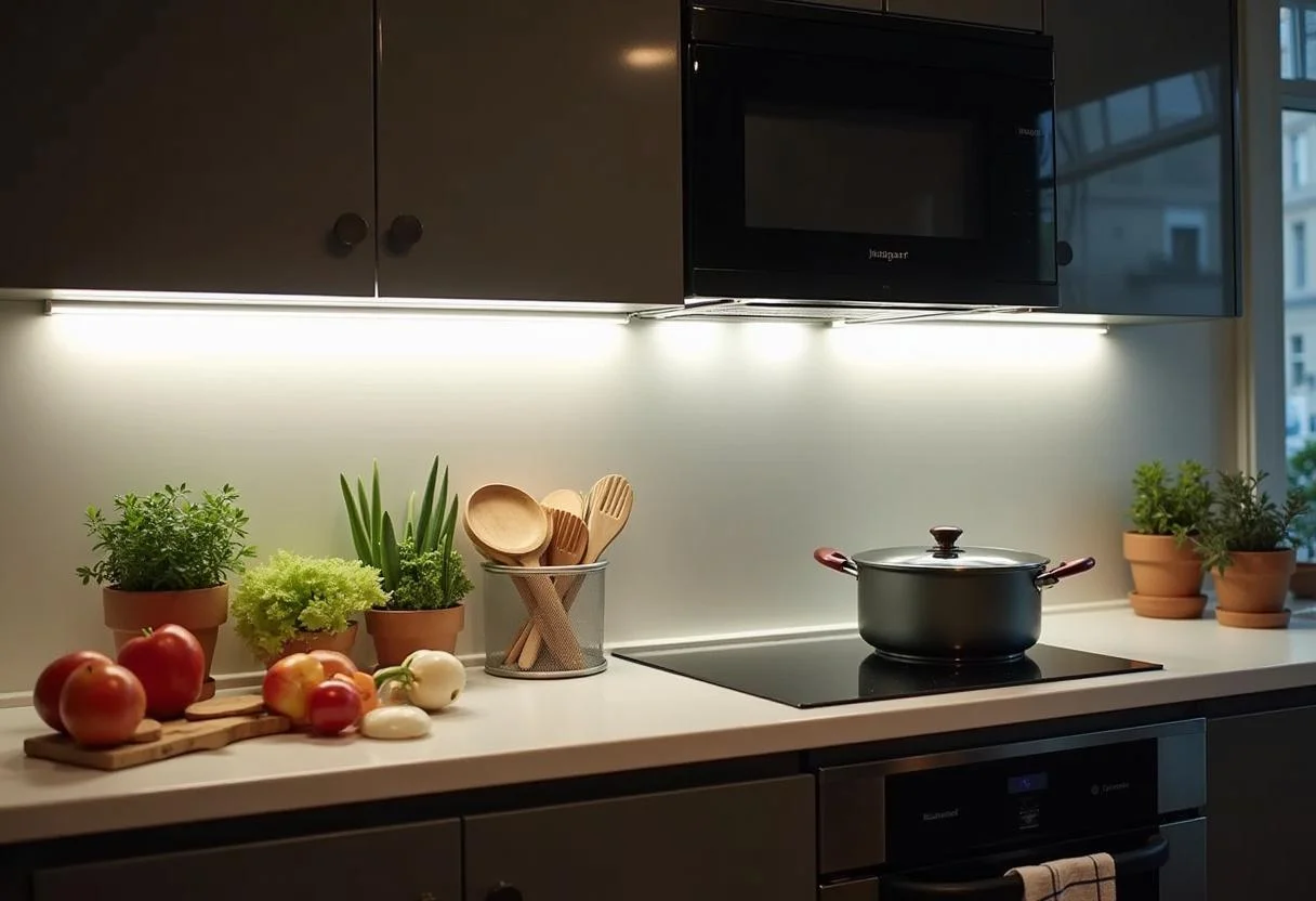 Vollständig installierte led unterbauleuchte für küche beleuchtet die Arbeitsfläche, perfekt für das Kochen und die Vorbereitung.