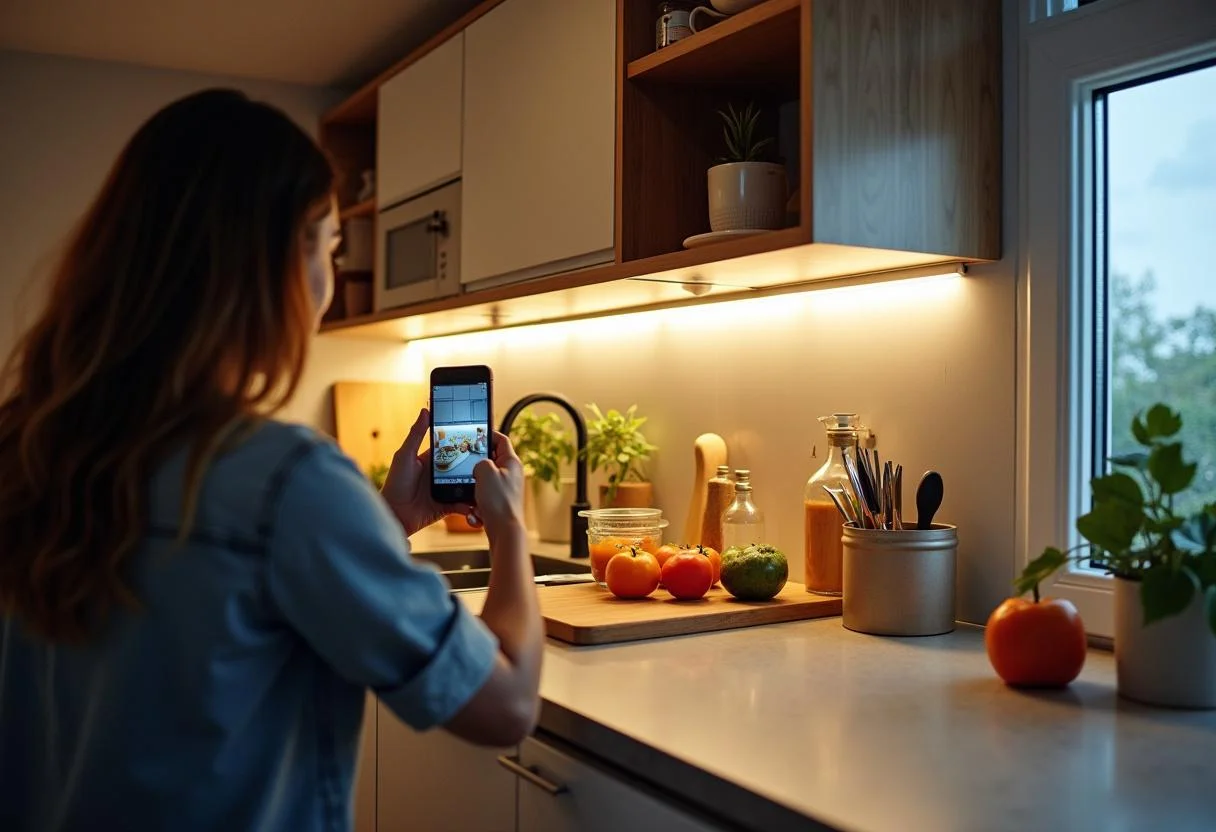 Vollständig installierte led unterbauleuchte für küche beleuchtet die Arbeitsfläche, perfekt für das Kochen und die Vorbereitung.