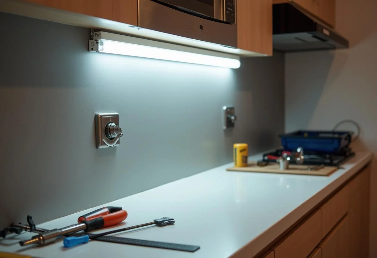 LED Unterbauleuchte für die Küche präsentiert auf der Arbeitsplatte, ideal für die Installation.