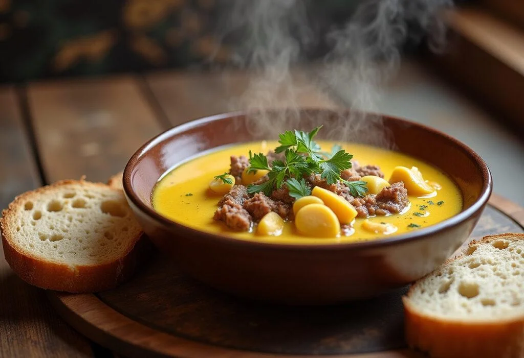 Delicious herzhafte Käse Lauch Suppe mit Hackfleisch, served hot in a bowl.