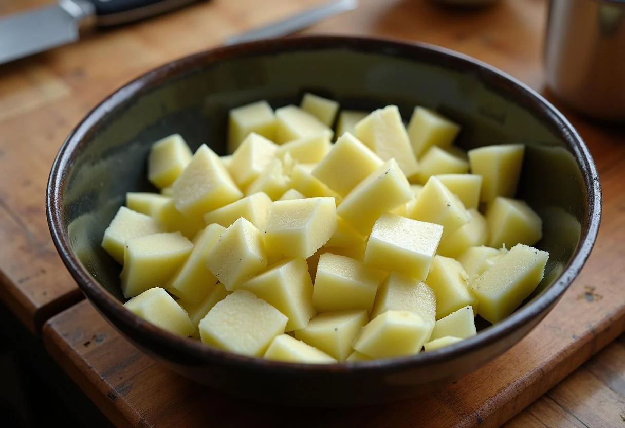 Gewürfelter Kohlrabi und Kartoffeln, vorbereitet für Kohlrabi Auflauf mit Kartoffeln.