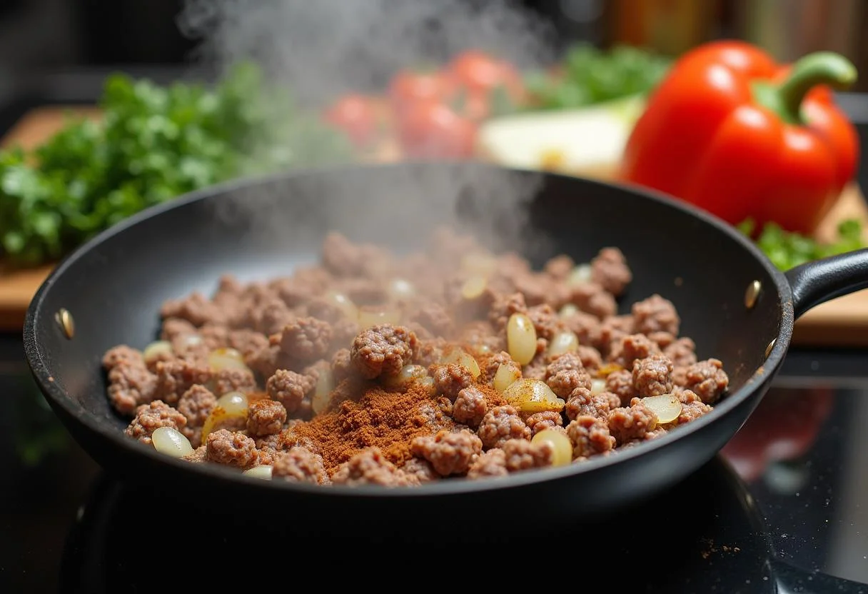 Hackfleisch wird mit Zwiebeln und Gewürzen für das Lachs Auflauf Kartoffeln Rezept angebraten.