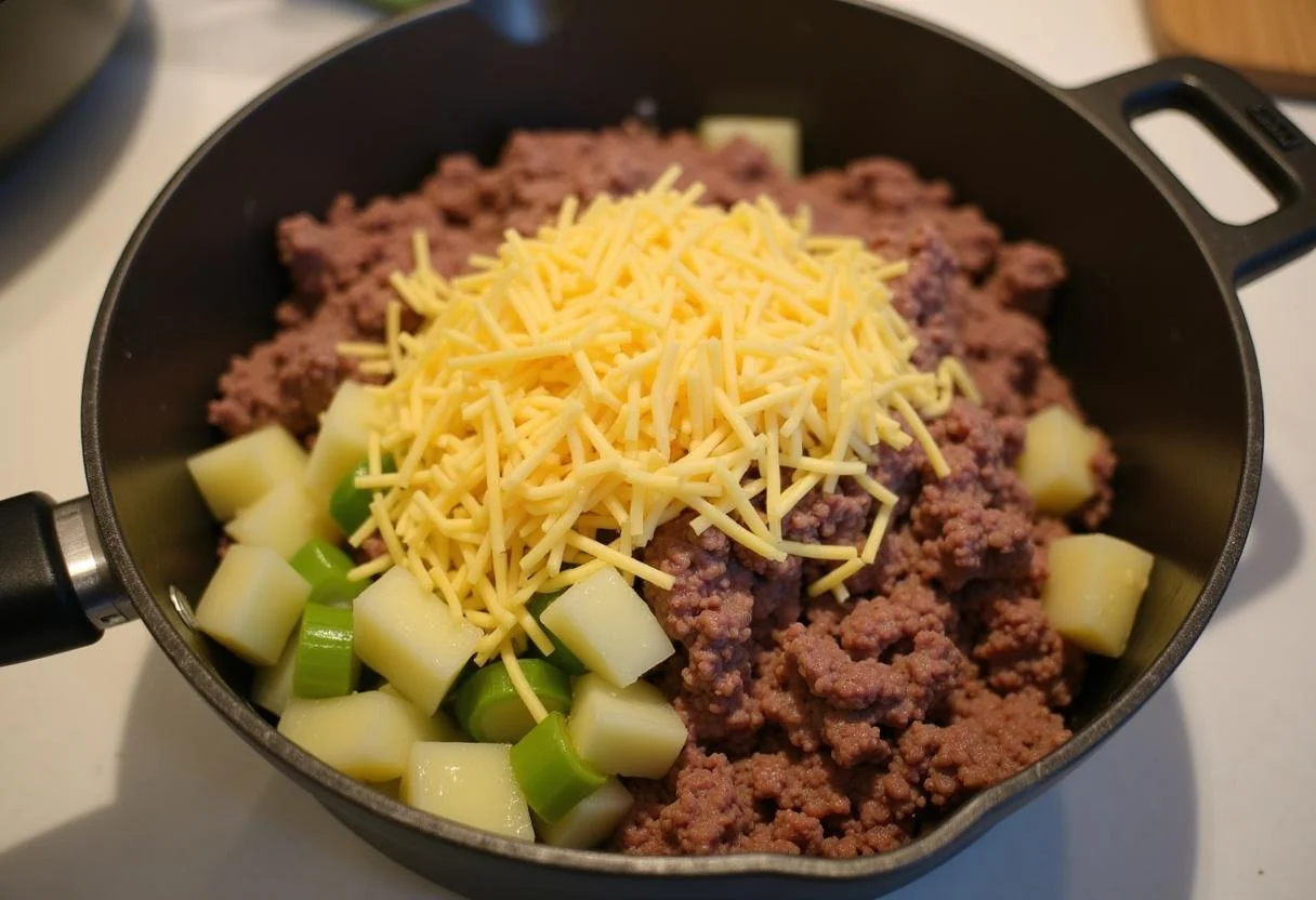 Fleisch- und Gemüsemischung, vorbereitet für Spitzkohl Auflauf mit Kartoffeln.