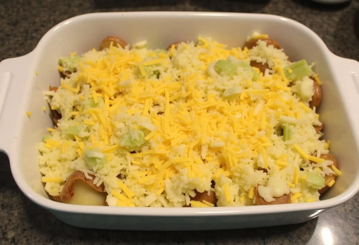 Auflaufform gefüllt mit Kohlrabi Auflauf mit Kartoffeln, bereit für den Ofen.