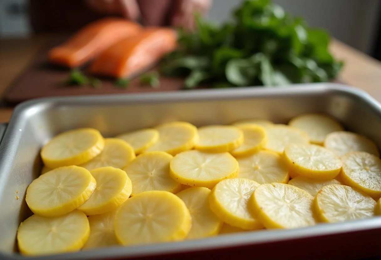 Sliced potatoes layered in a baking dish for lachs spinat auflauf preparation.