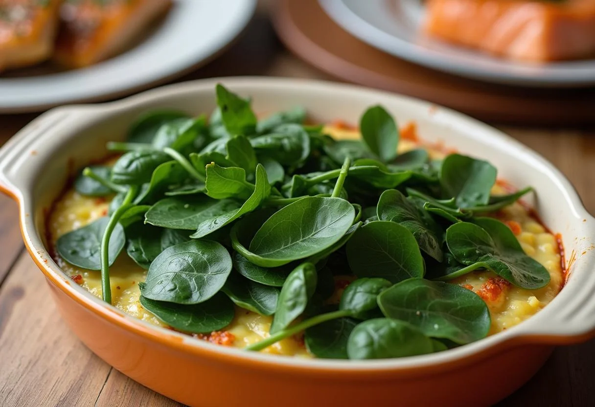Fresh spinach being added to the layered potatoes for lachs spinat auflauf.