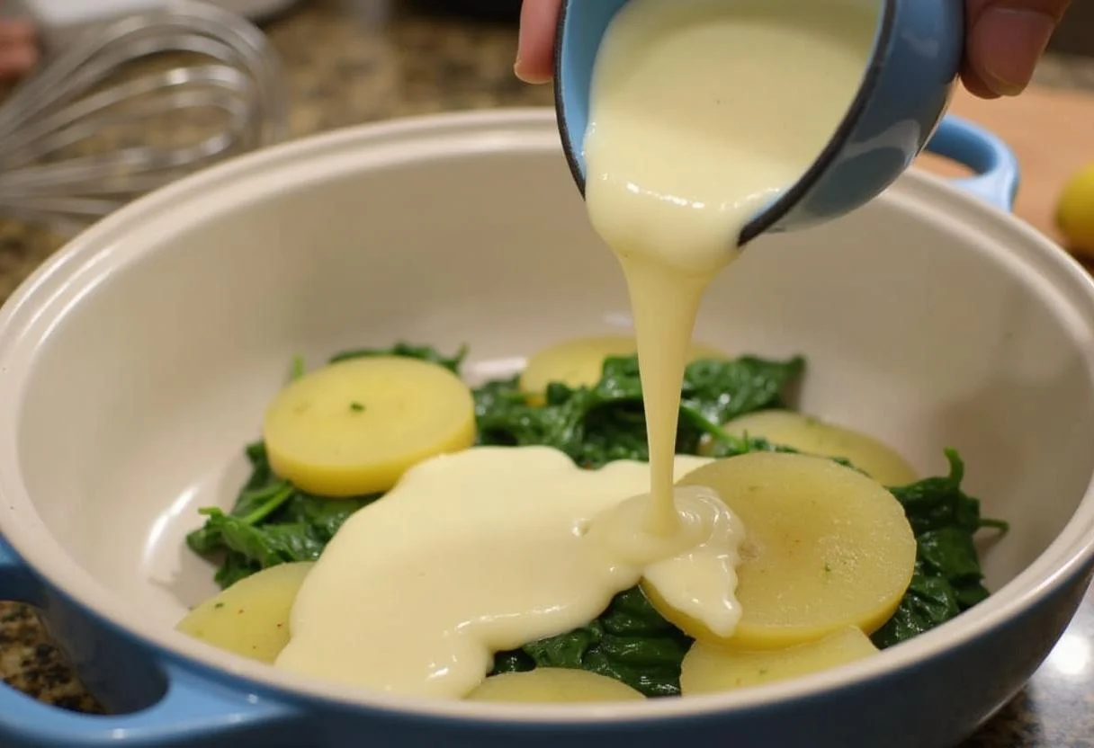 Creamy sauce being poured onto layers for lachs mit spinat auflauf.