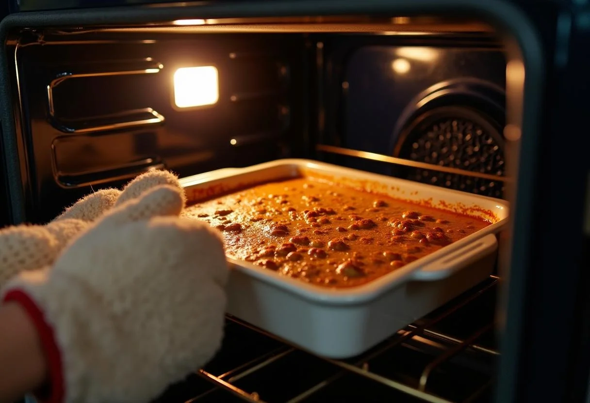 Baking dish with lachs spinat auflauf being placed into the oven for baking.