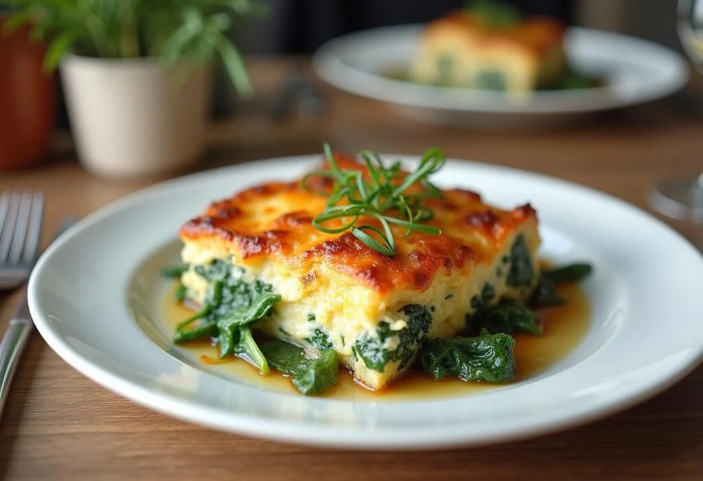Fertiger herzhaft gebackener Spinat Auflauf serviert auf dem Tisch, ideal für ein köstliches Essen.