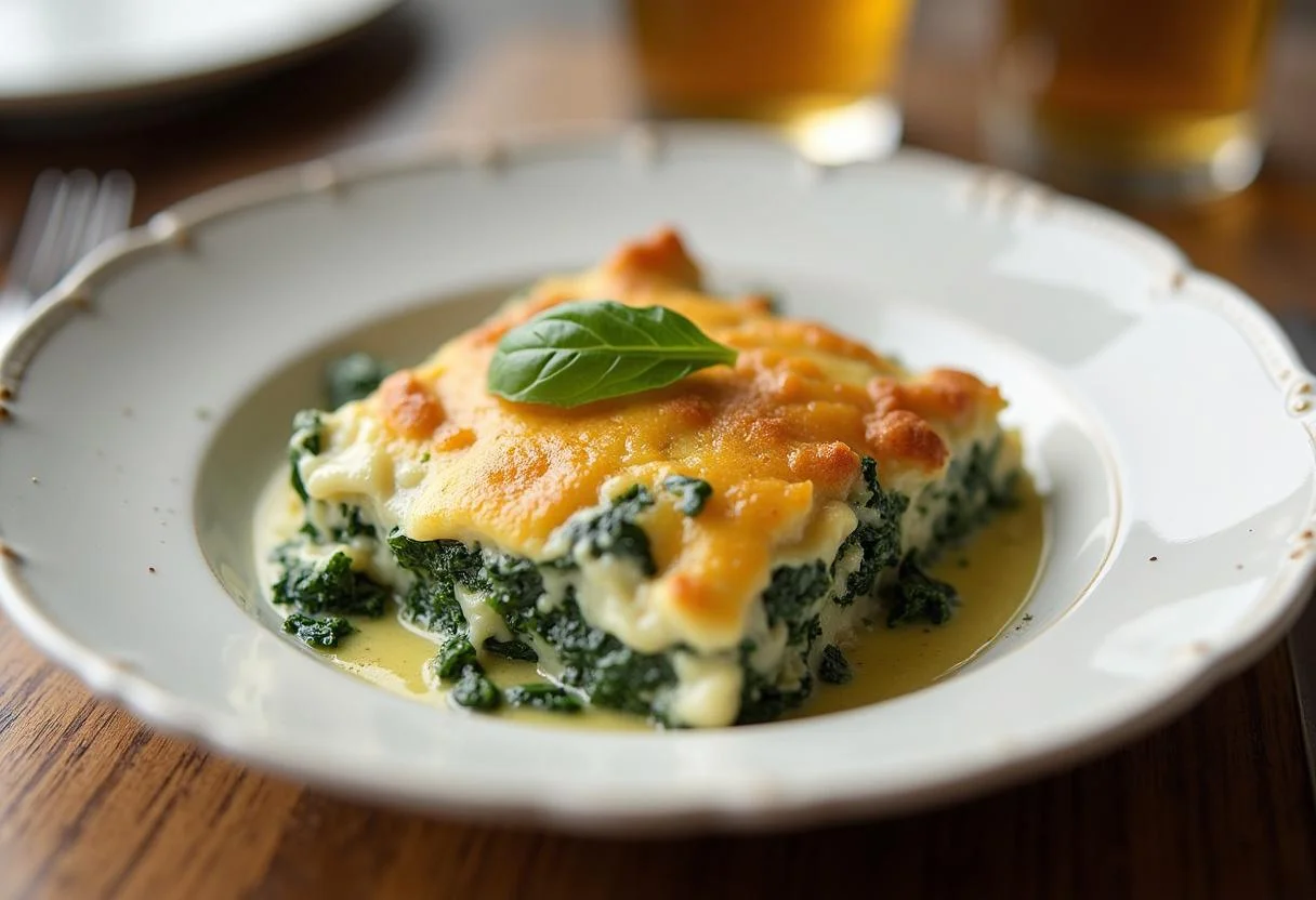 Fertiger herzhaft gebackener Spinat Auflauf serviert auf dem Tisch, ideal für ein köstliches Essen.
