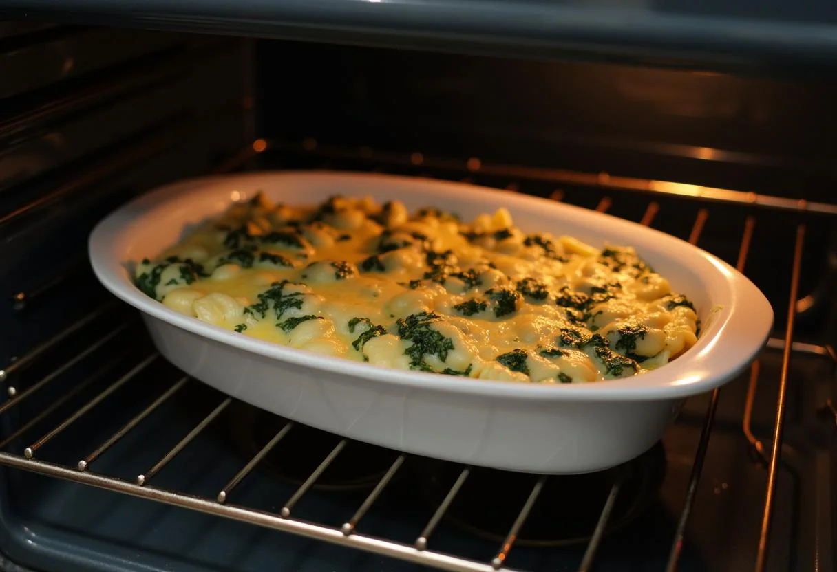 Auflaufform mit Spinat und Käse fertig zum Backen für den herzhaften Spinat Auflauf.