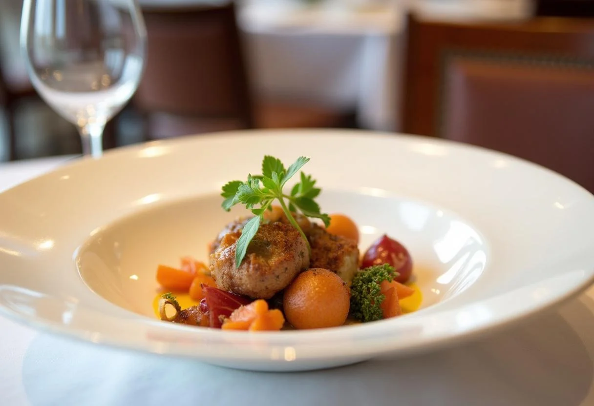 Gourmet dish presentation at Hotel Traube Rüdesheim, highlighting local delicacies.