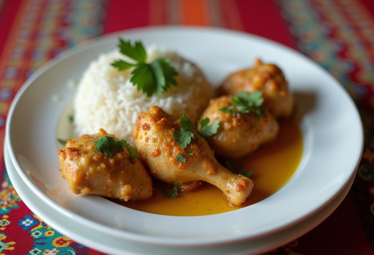 Fertiges Hähnchen mit Joghurtmarinade, schön angerichtet mit frischem Koriander.