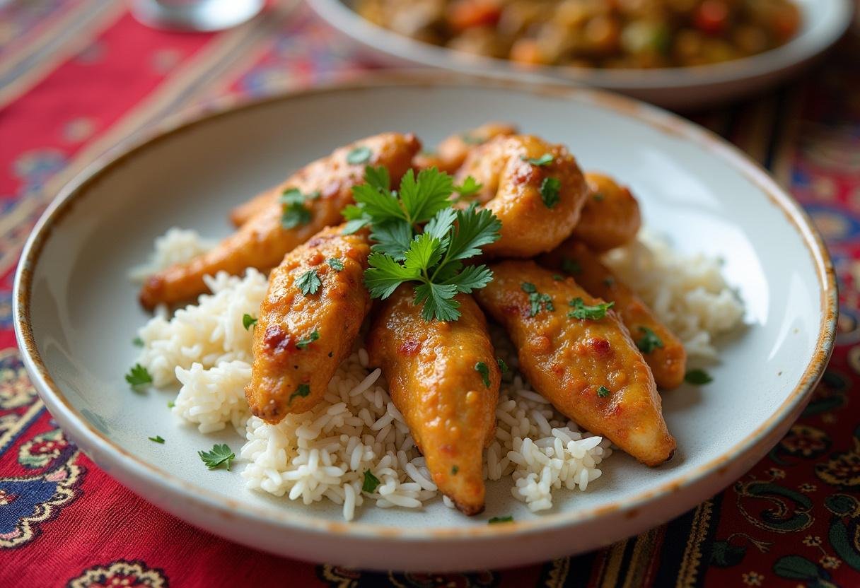 Fertiges Hähnchen mit Joghurtmarinade, schön angerichtet mit frischem Koriander.