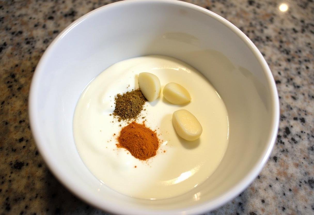Zutaten für die Hähnchenmarinade mit Joghurt, einschließlich Joghurt und Gewürzen.