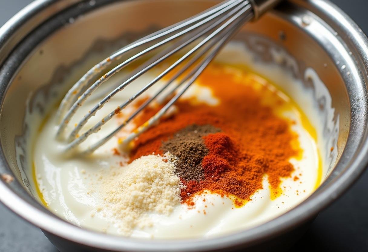 Mischen der Zutaten für die Hähnchenmarinade mit Joghurt zu einer glatten Masse.