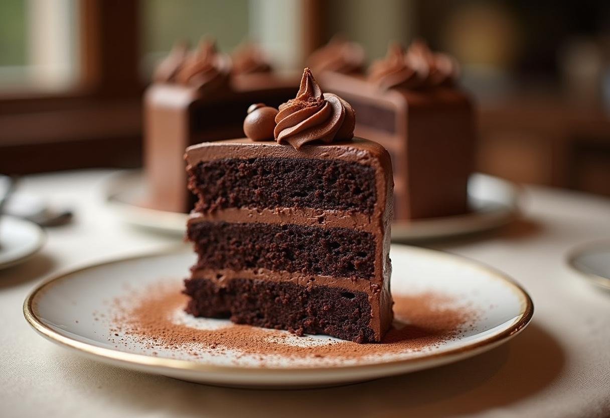 Fertiger saftiger dunkler schokolade kuchen auf dem Tisch für besondere Anlässe.