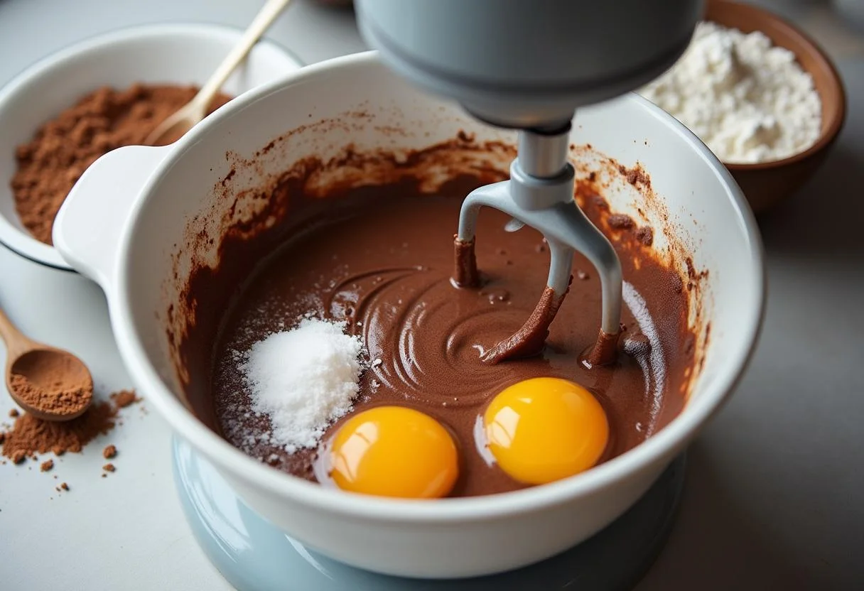 Zucker und Eier werden mit einem Mixer für den saftigen dunklen schokolade kuchen vermischt.