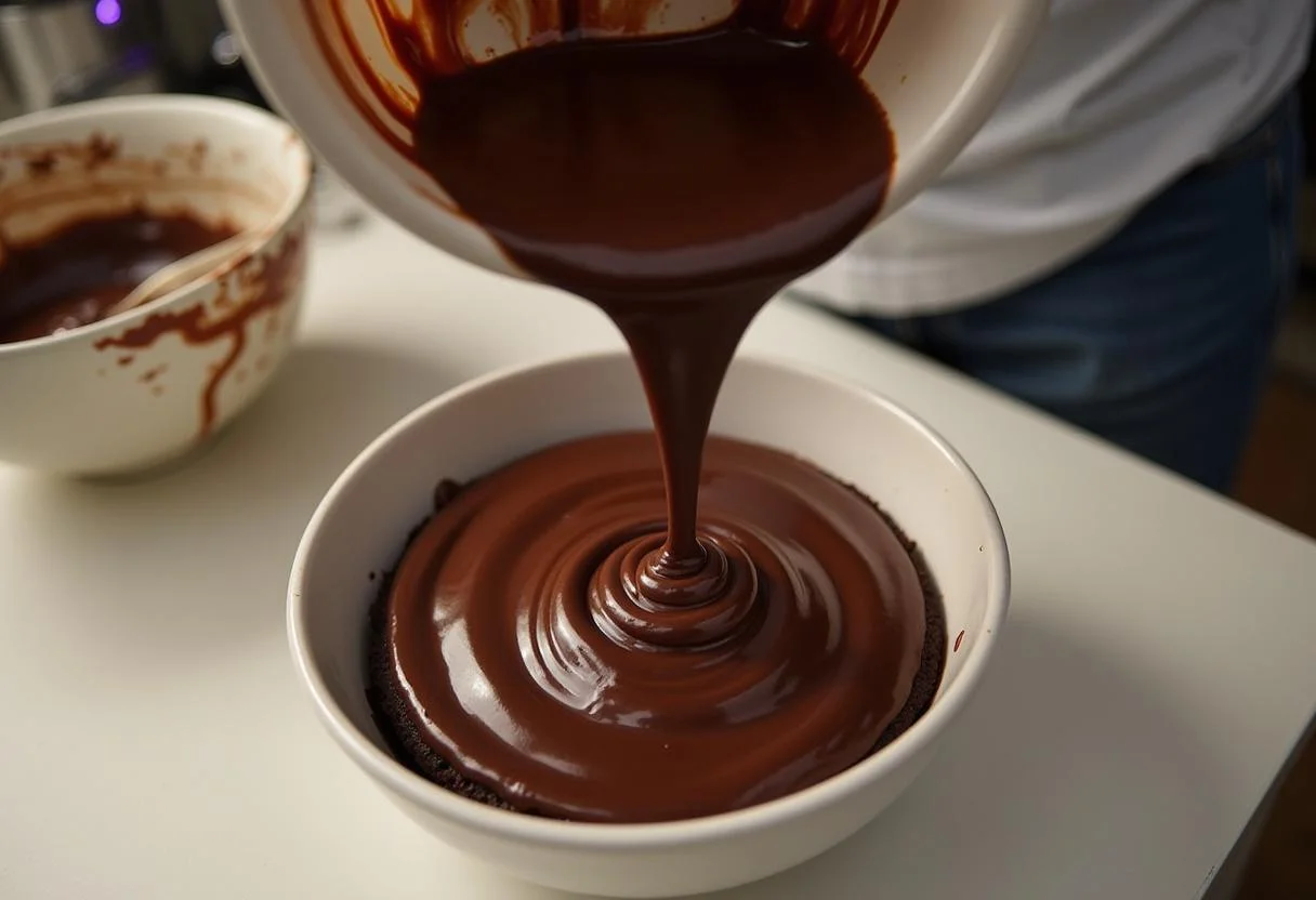 Fügen Sie ganache in die Mischung für den intensiven schokolade kuchen hinzu.