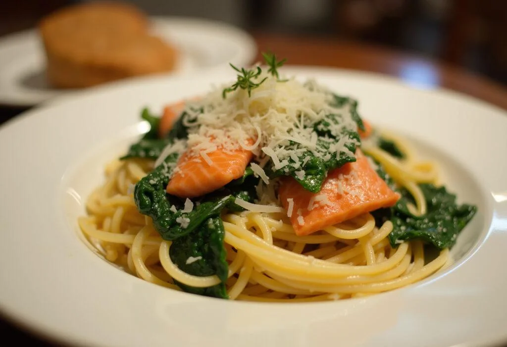 Finished pasta mit spinat und lachs served elegantly with herbs and cheese.