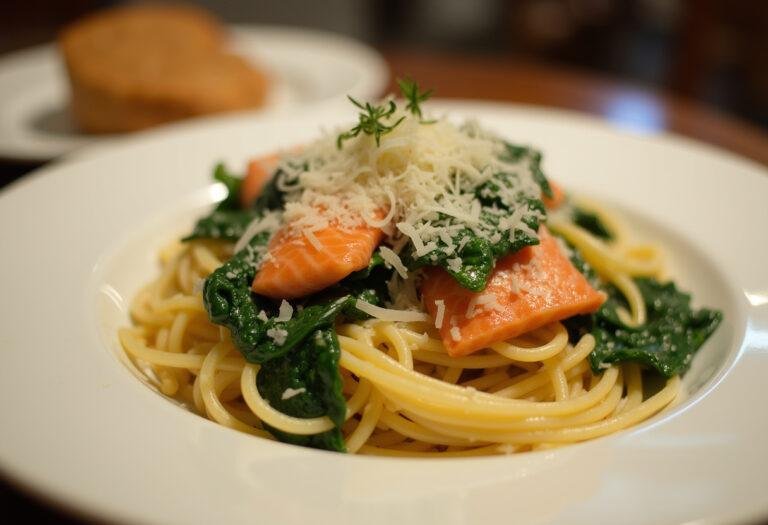 Finished pasta mit spinat und lachs served elegantly with herbs and cheese.