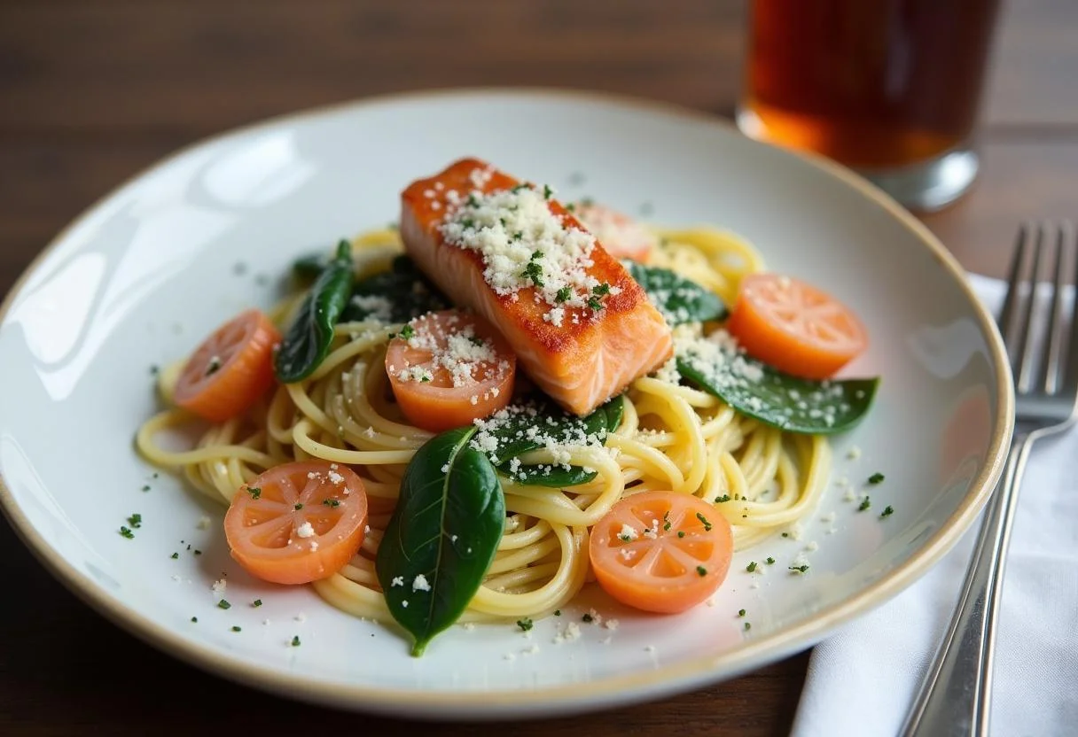 Finished pasta mit spinat und lachs served elegantly with herbs and cheese.