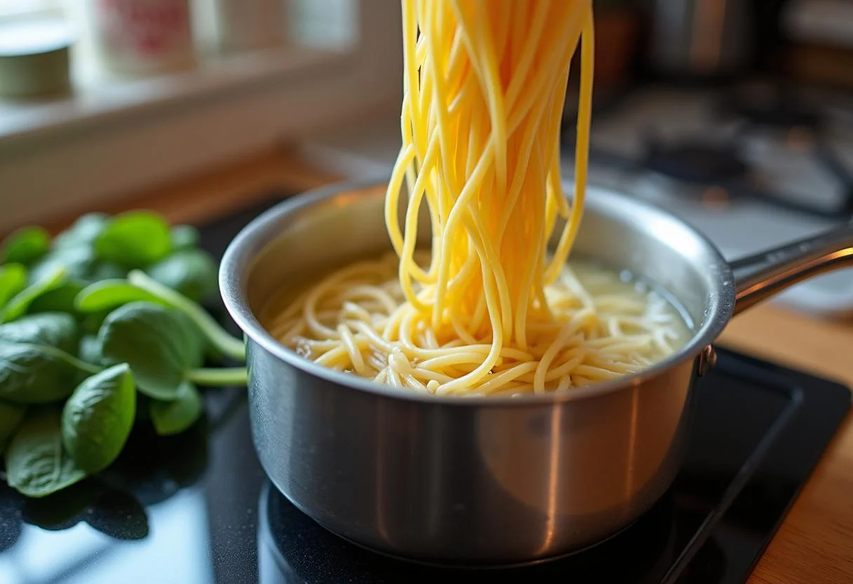 Pasta being cooked in boiling water for pasta mit spinat und lachs recipe.