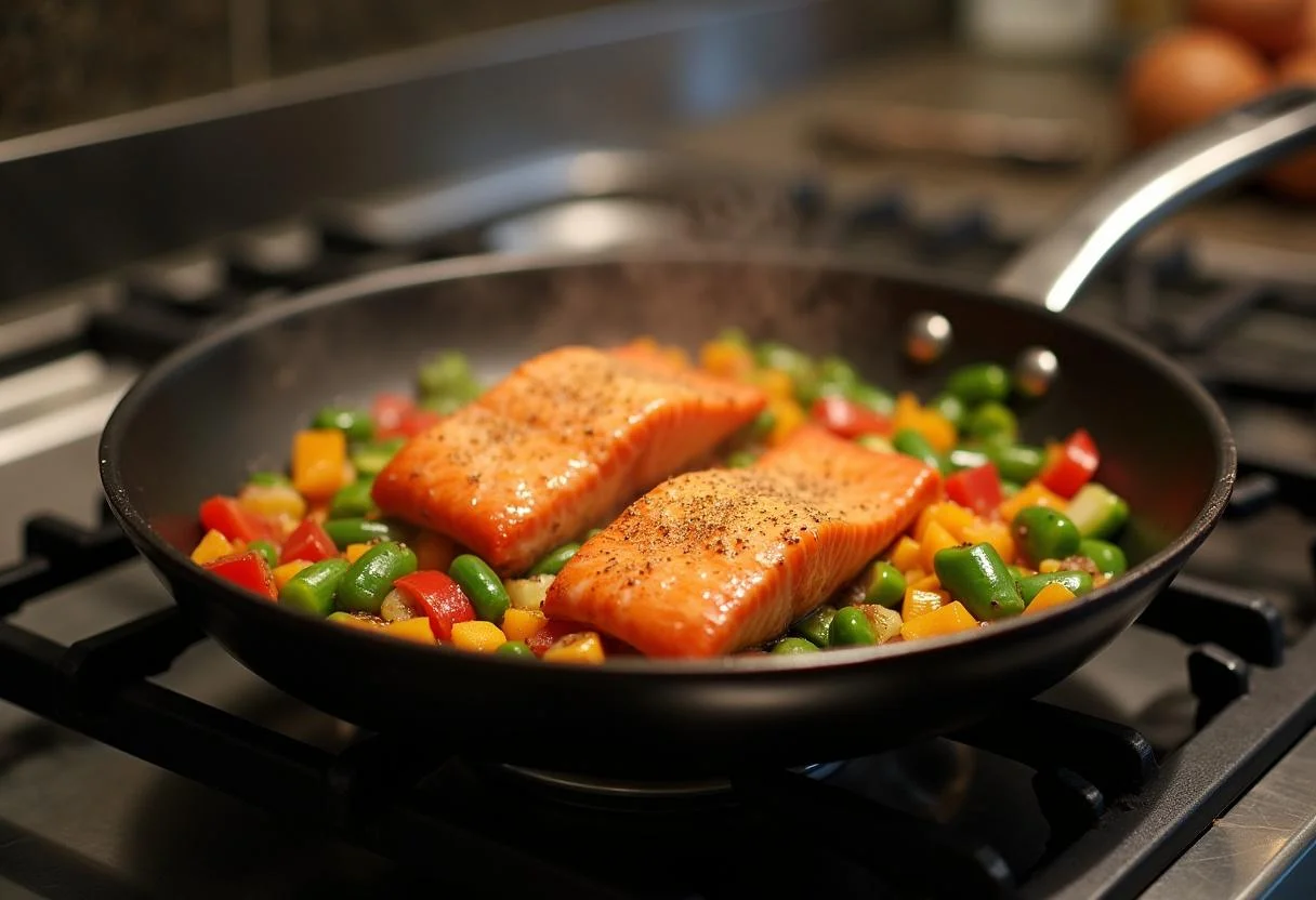 Diced salmon being sautéed for pasta spinat lachs dish preparation.