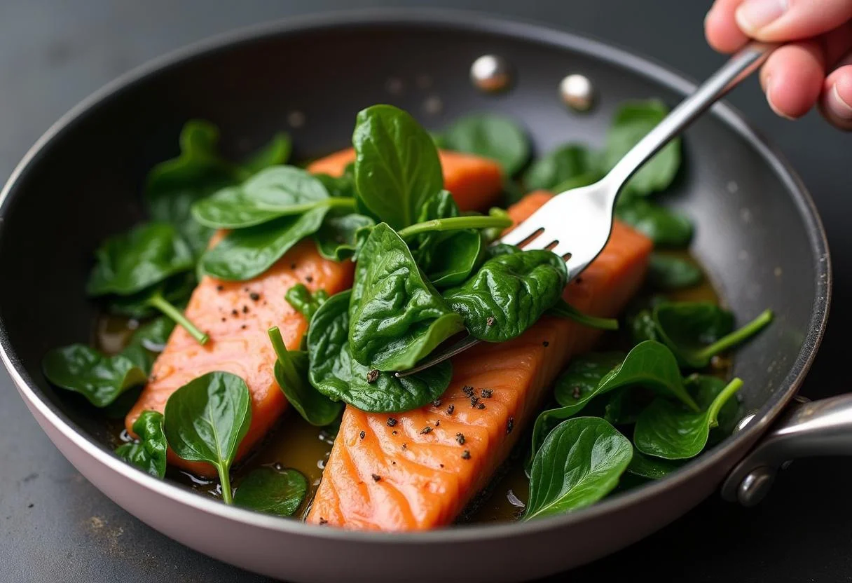 Fresh spinach mixed with sautéed salmon for delicious pasta mit spinat und lachs recipe.