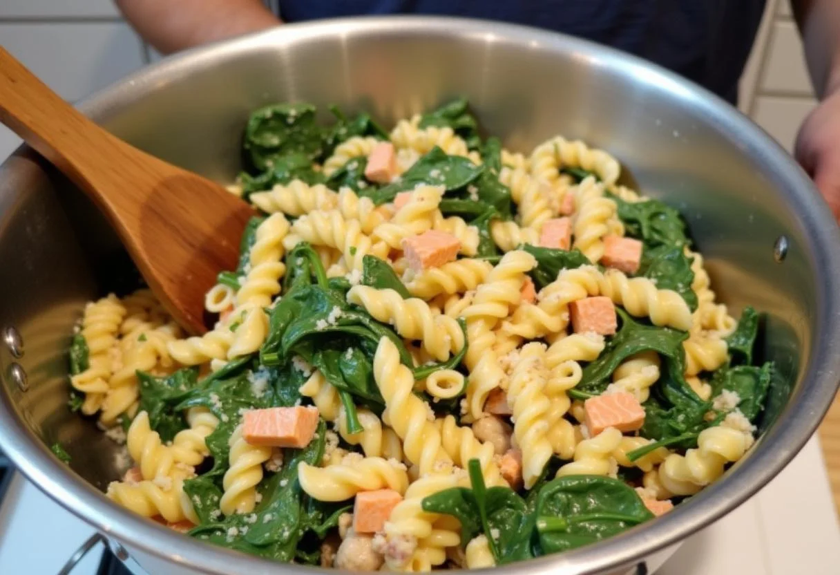 Mixing illuminated pasta spinat lachs combination in a large bowl.