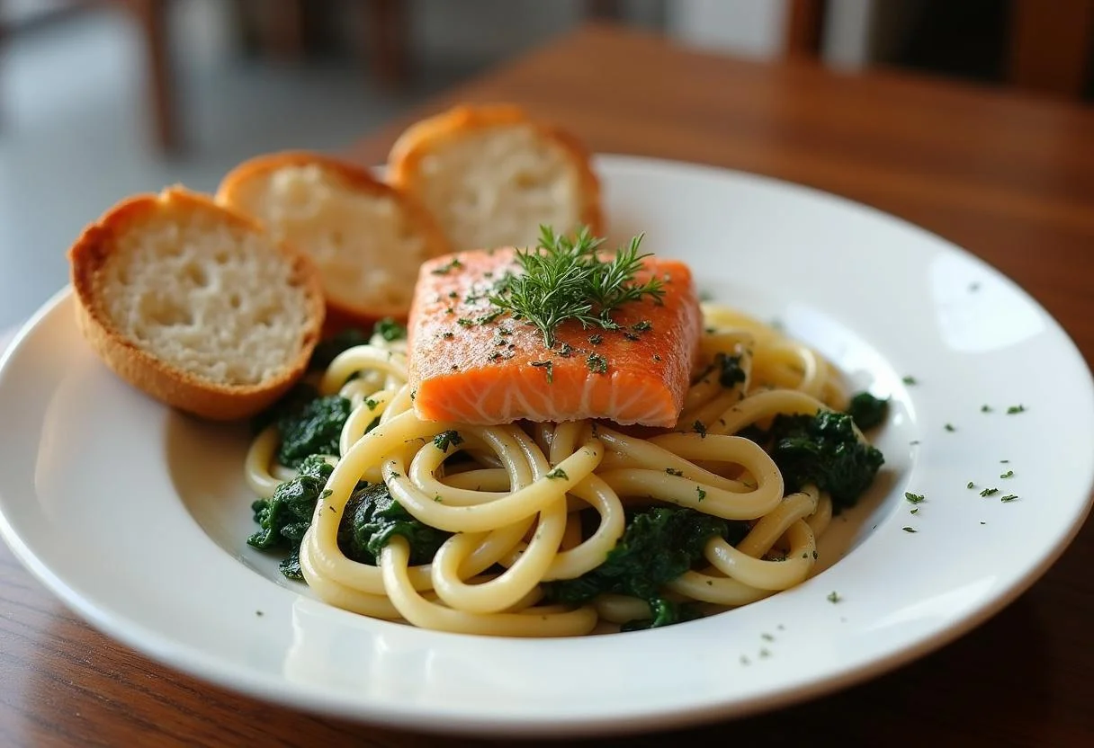 Fertige italienische Pasta mit Spinat, garniert und bereit zum Genießen.