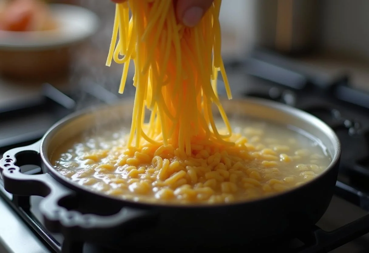 Pasta wird für italienische Pasta mit Spinat in kochendes Wasser gegeben.