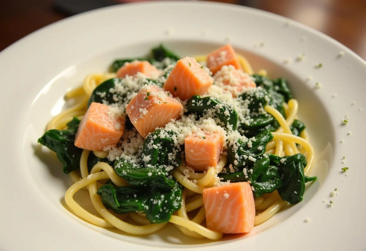 Pasta mit Spinat und Lachs vermischt, bereit zum Würzen für italienische Pasta mit Spinat.