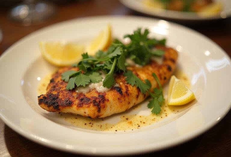 Fertiges Hähnchen in Joghurt Marinade, servierbereit mit Koriander und Zitronenscheiben.