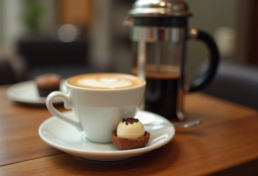 Eine Tasse frisch zubereiteter Kaffee aus der French Press, perfekt zum Genießen.