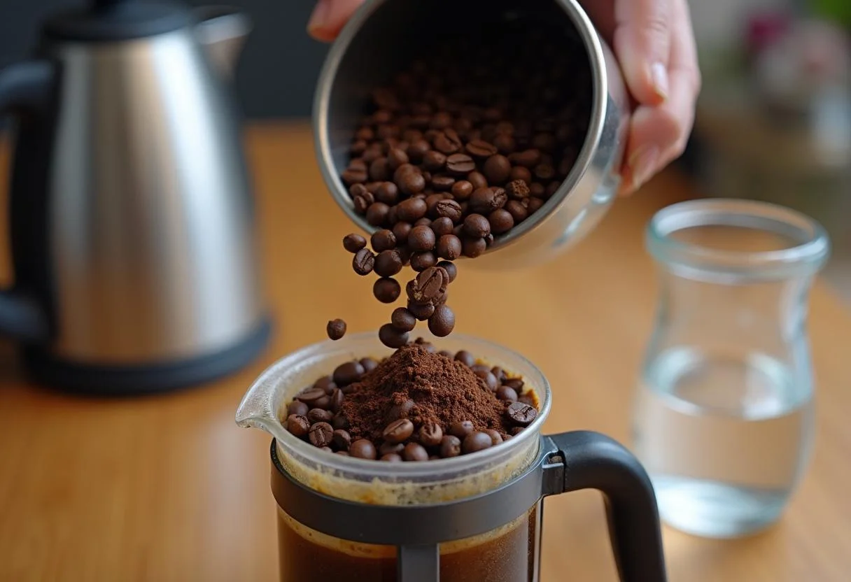 Kaffeebohnen werden in eine French Press für die Kaffeezubereitung gegeben.