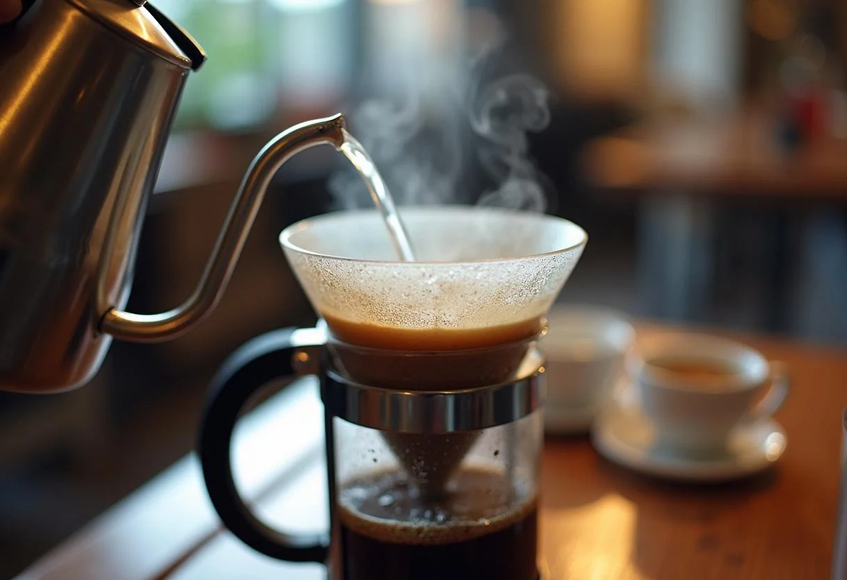 Heißes Wasser wird über den gemahlenen Kaffee in der French Press gegossen, um Kaffee zuzubereiten.