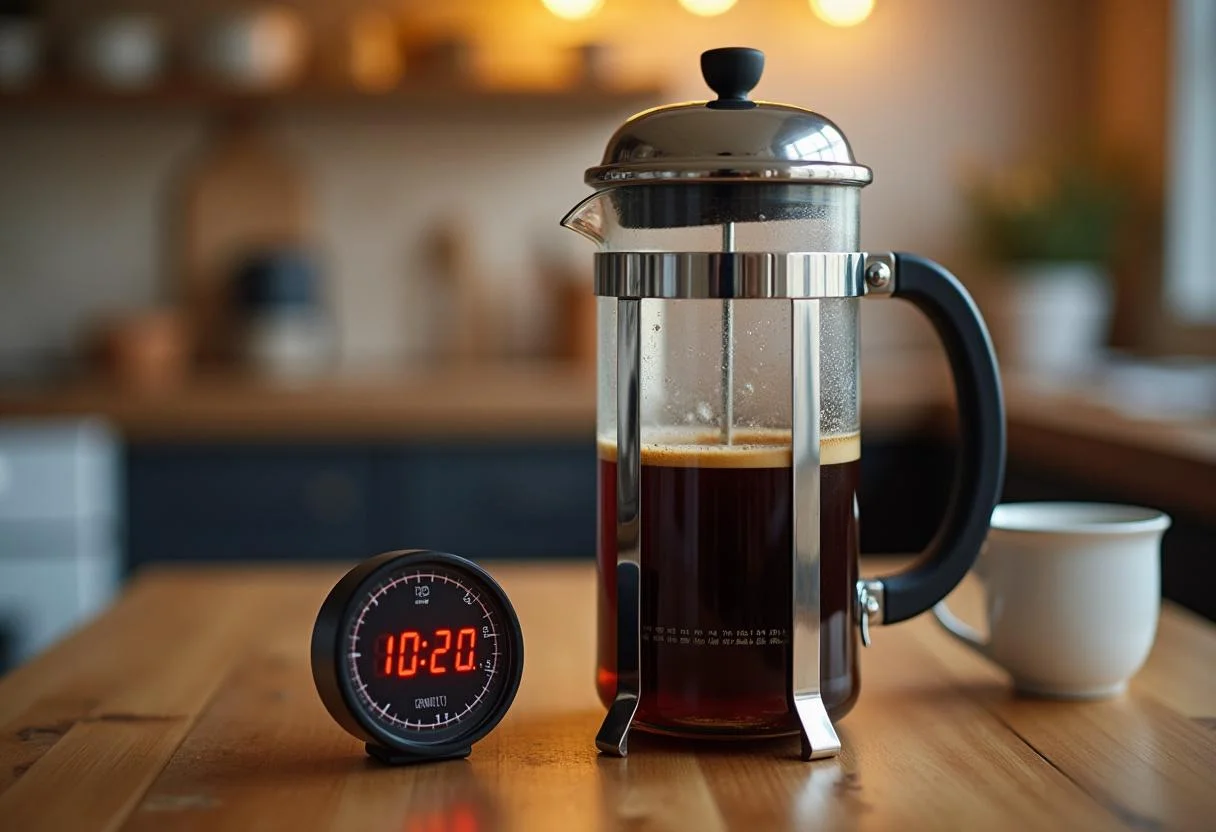 Ein Timer zeigt die Brühzeit für die Kaffeezubereitung mit der French Press an.