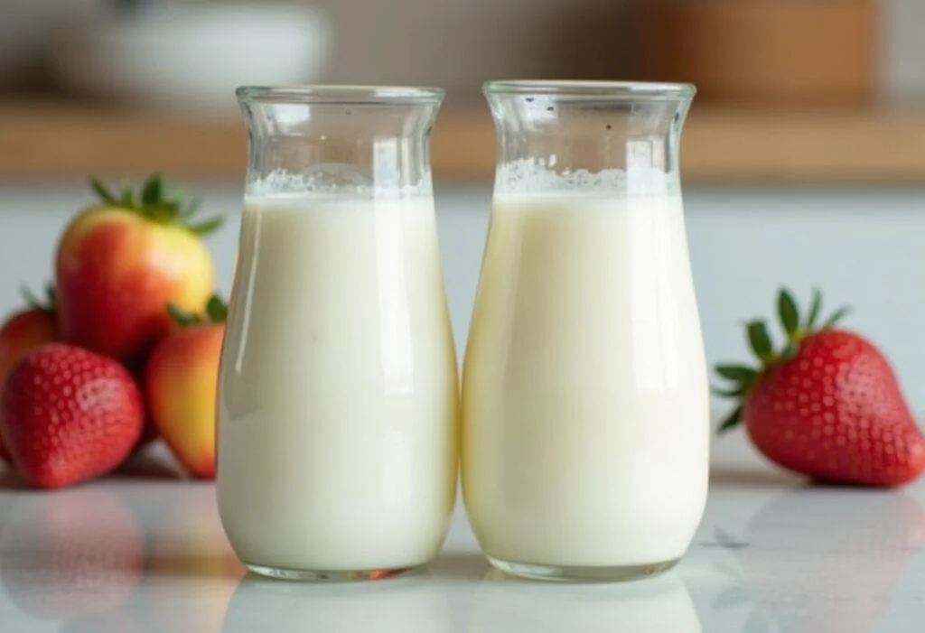 Vergleich von fettarmer und Vollmilch - Kalorien in der Milch abgebildet.